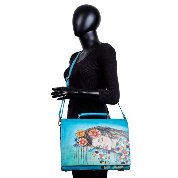 Hand-Painted Women Blue Business Shoulder Bag –Leather Top Handle Crossbody Bag - Picture 9 of 9